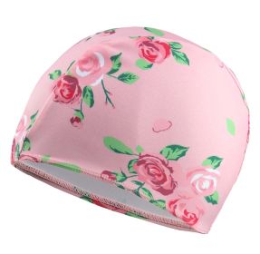 Kids Elastic Swimming Cap Cloth Fabric Swim Caps Pink Rose Print Bathing Cap