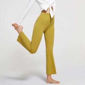 Women High Waist Wide Leg Nude Feel Yoga Pants No Embarrassment Line Hip Lifting Sport Fitness Pants Rhythmic Bell-Bottom Pants (Color: Leaves Yellow, size: L)