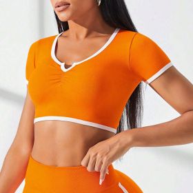 Running Fitness Short Sleeve Sports Top High Waist Peach Hip Yoga Shorts Seamless Yoga Suit (Color: Orange-Top, size: M)