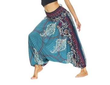 Waist Boho Floral Print Harem Yoga Pants (Color: Blue, size: One Size)