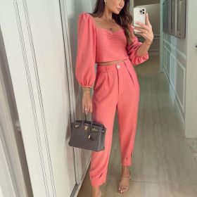 Spring Autumn Short Top Trousers 2 Piece Set Women Casual Sportswear Suit Square Collar Slim Fit Loose Solid Fashion Streetwear (Color: Pink, size: M)