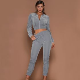 Spring Autumn Winter Linter 2 Piece Set Women Trousers Long Sleeves Solid Zipper Bundle Feet Sportswear Suit Short Pile Fabric (Color: Gray, size: 3XL)