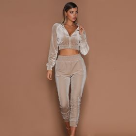 Spring Autumn Winter Linter 2 Piece Set Women Trousers Long Sleeves Solid Zipper Bundle Feet Sportswear Suit Short Pile Fabric (Color: Beige, size: 3XL)